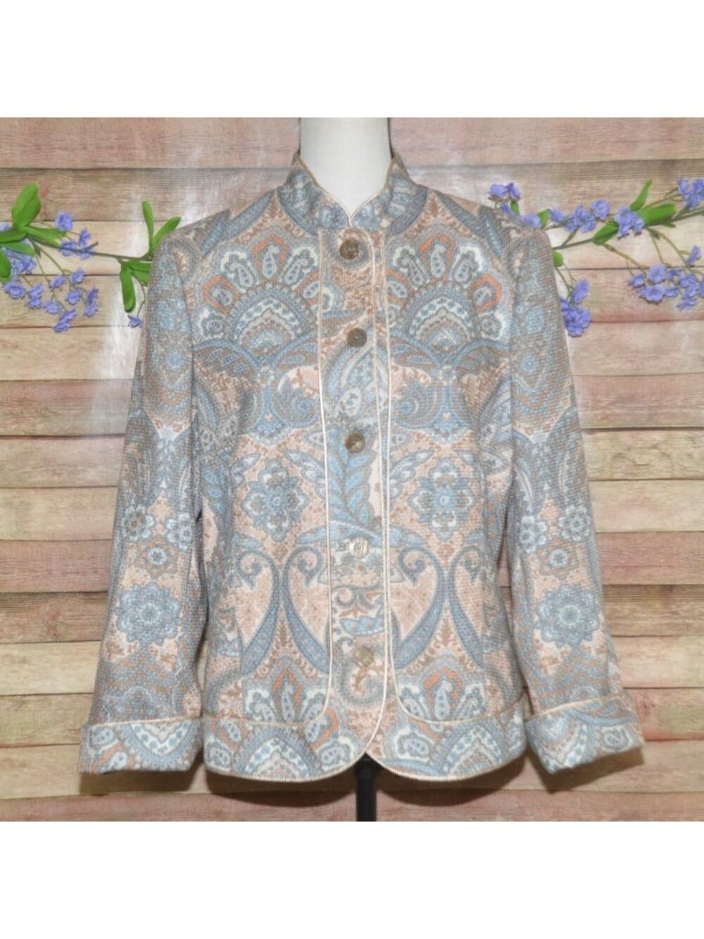 VTG 90's Cold Water Creek Tapestry Jacket Size M Paisley Button Front Piped Trim